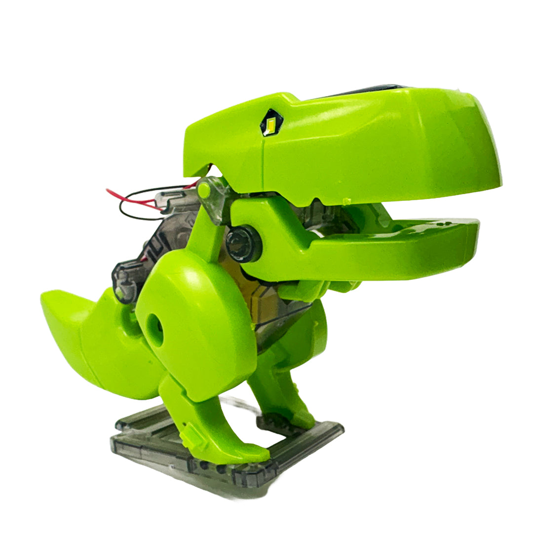 A model green dinosaur toy with a compact electronic device for interactive experience