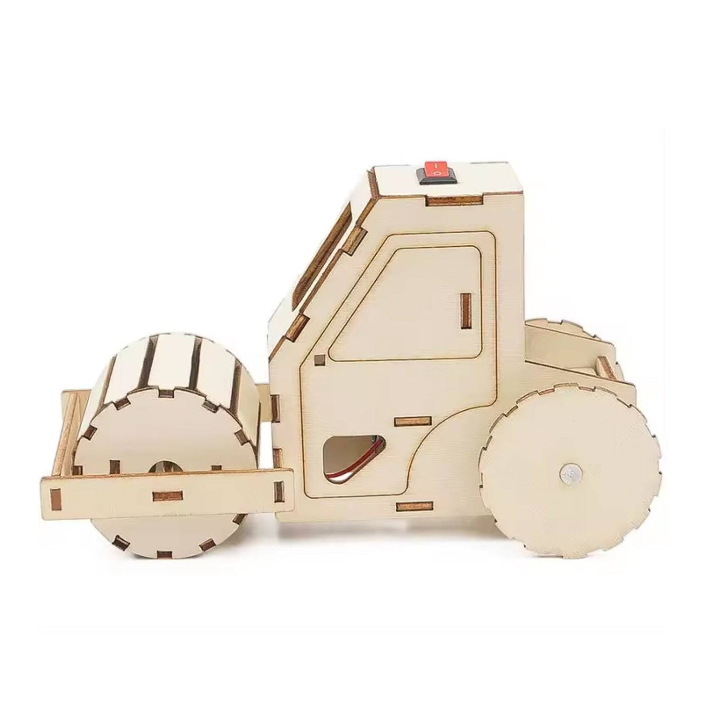 A wooden toy steamroller with a minimalistic design features a cylindrical roller and a cab of geometric shapes, reminiscent of classic construction sets.
