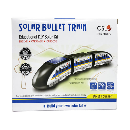 The packaging of a solar bullet train kit, showcasing sleek design and sustainable energy concept for young builders.