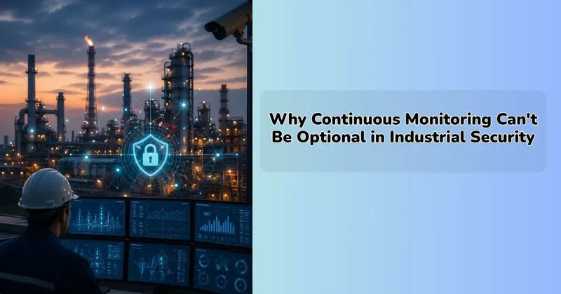 Industrial security system with continuous monitoring dashboard showing real-time alerts
