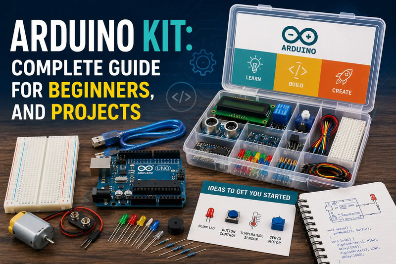 Arduino kit with electronic components for beginners learning robotics, programming, and STEM projects
