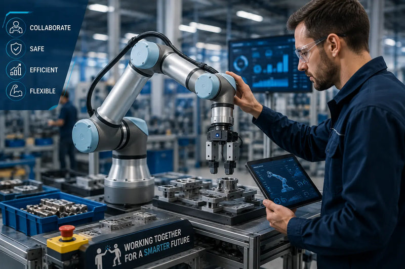 Collaborative robots or cobots working alongside humans in an automated industrial manufacturing environment