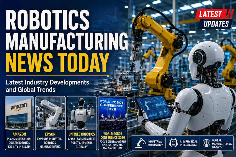 Latest robotics manufacturing news featuring industrial robots, AI automation, smart factories, and global industry trends