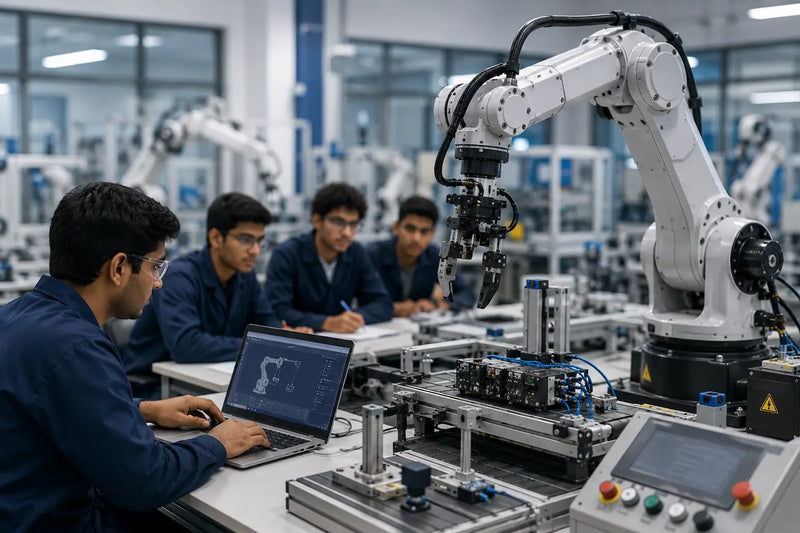 Industrial robotics course training with robotic arms, automation systems, programming, and hands-on robotics learning