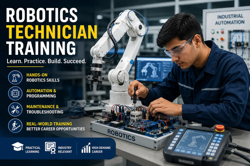 Robotics technician training with hands-on robot programming, maintenance, automation, and troubleshooting skills