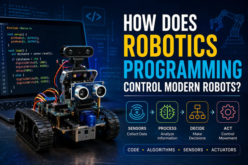 Robotics programming controlling modern robots through coding, sensors, algorithms, automation, and AI