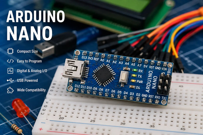Arduino Nano development board with electronic components for robotics and DIY projects