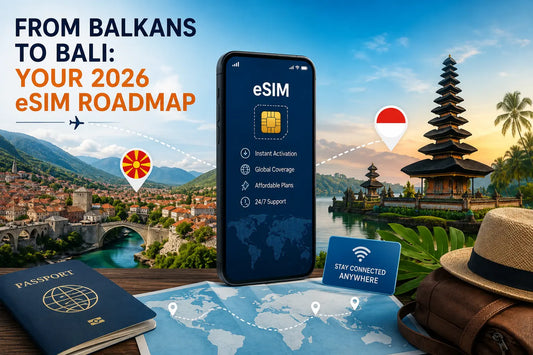 Traveler using an eSIM-enabled smartphone for seamless mobile connectivity while exploring the Balkans and Bali in 2026