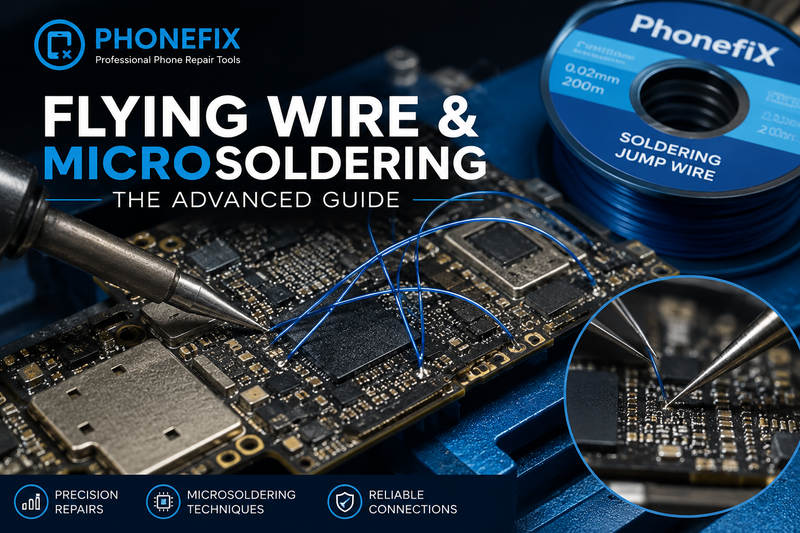 Flying wire repair on a phone motherboard using precision microsoldering techniques