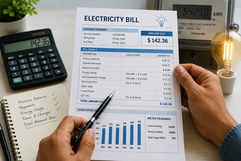 Electricity bill showing a detailed breakdown of energy usage and billing charges
