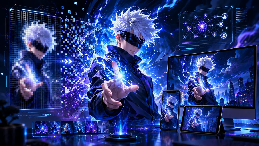 Ultra HD Gojo 4K wallpaper enhanced with AI upscaling for crystal-clear anime visuals