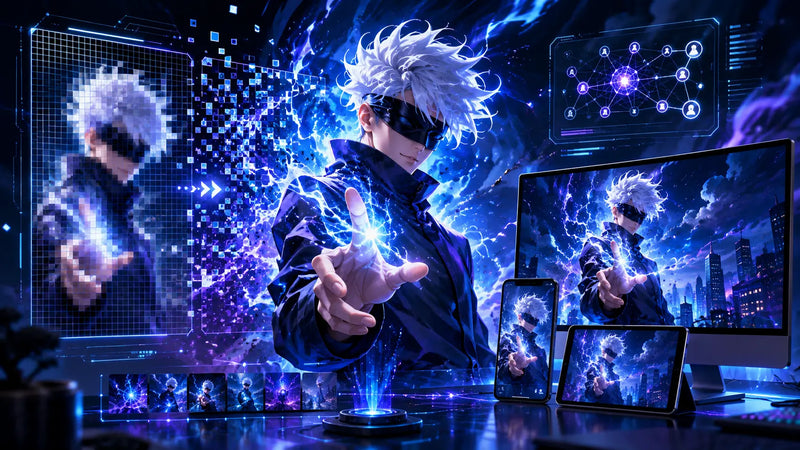 Ultra HD Gojo 4K wallpaper enhanced with AI upscaling for crystal-clear anime visuals