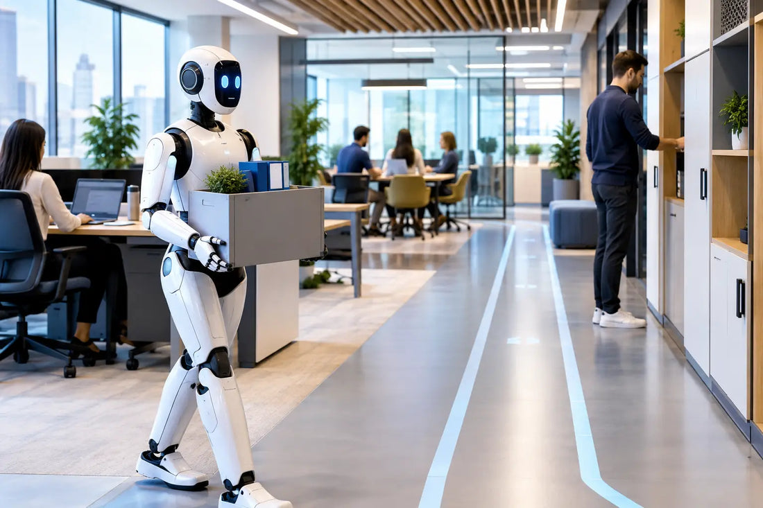 Humanoid robot working alongside people in a modern smart office environment