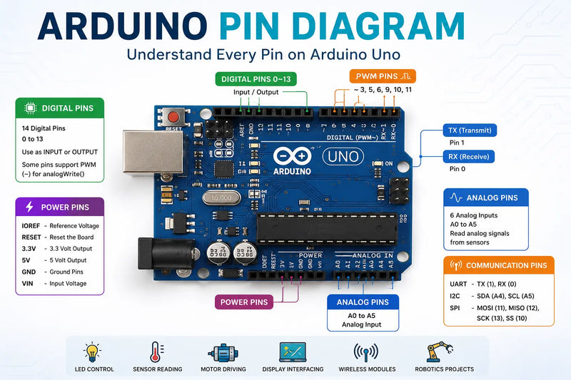 Arduino board showing pin connections and labeled digital, analog, power, and communication interfaces