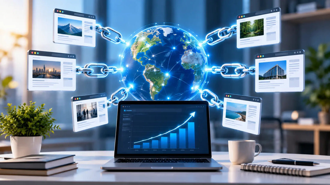Link building strategy showing high-authority backlinks connecting websites to improve SEO visibility and online authority