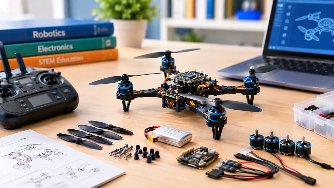 Mini drone kit with components for learning drone technology, electronics, programming, and STEM projects