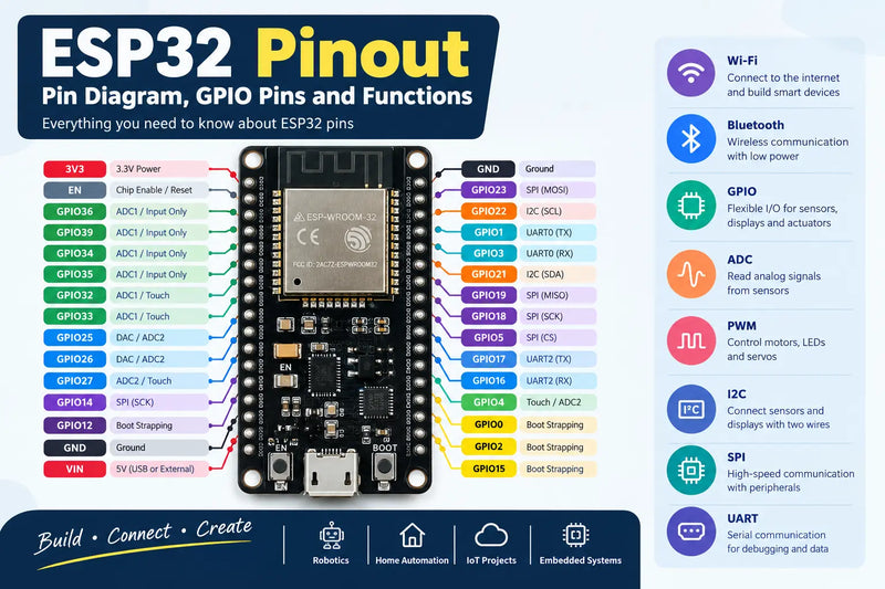 ESP32 pinout diagram showing GPIO, power, analog, PWM, and communication pins