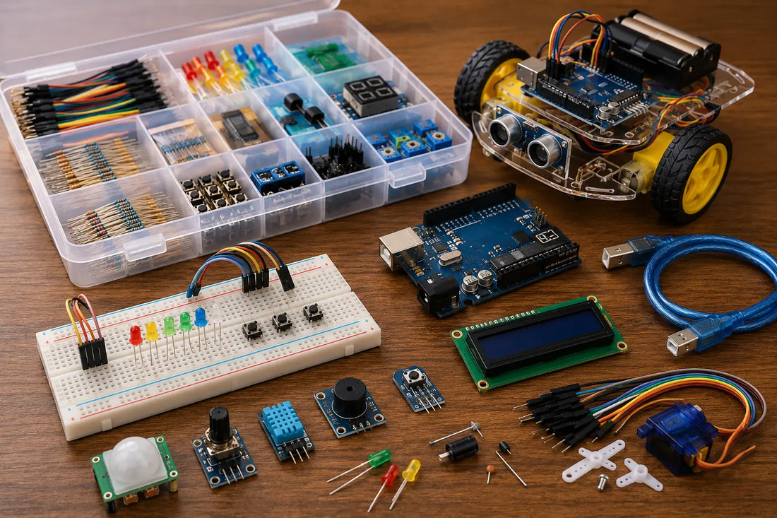Arduino kit with electronic components and beginner robotics project setup
