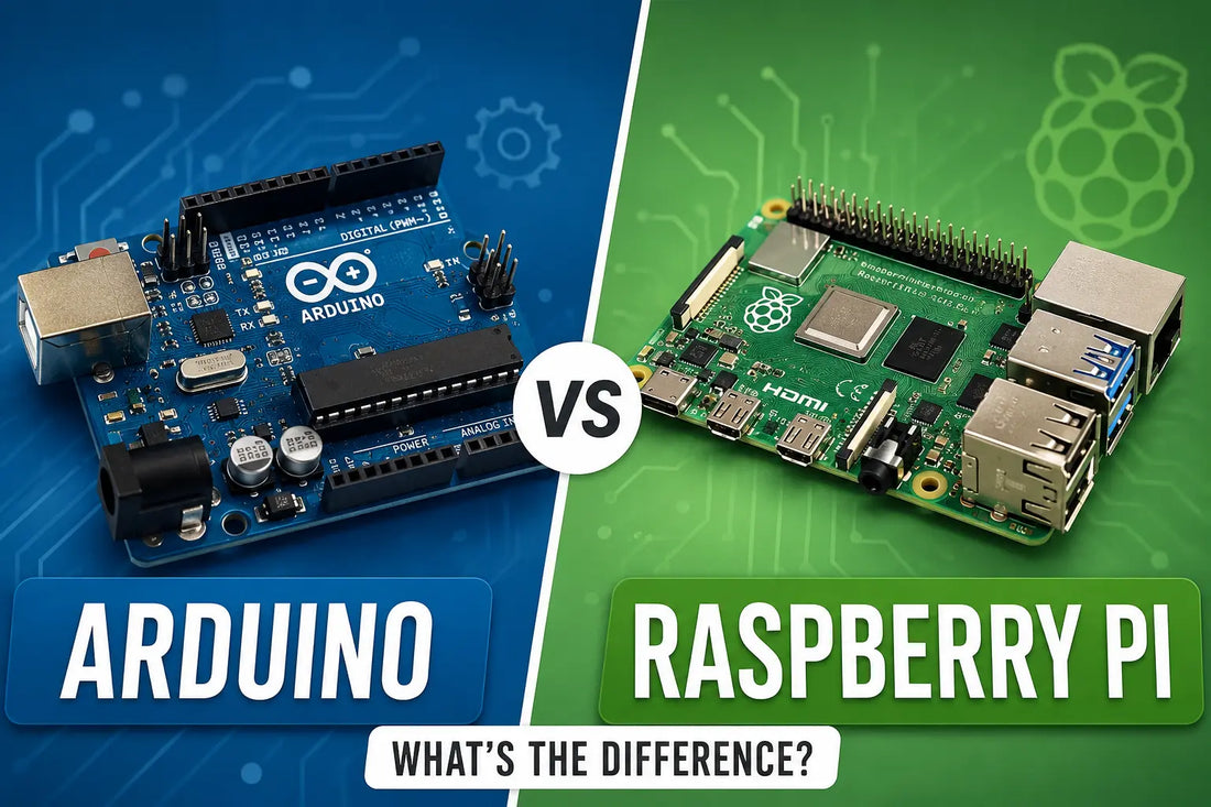 Arduino and Raspberry Pi boards compared side by side with electronic components