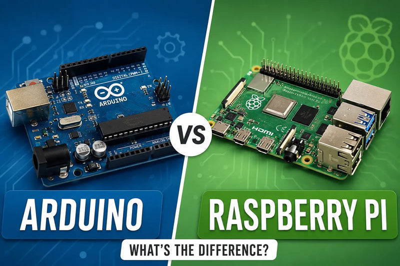 Arduino and Raspberry Pi boards compared side by side with electronic components