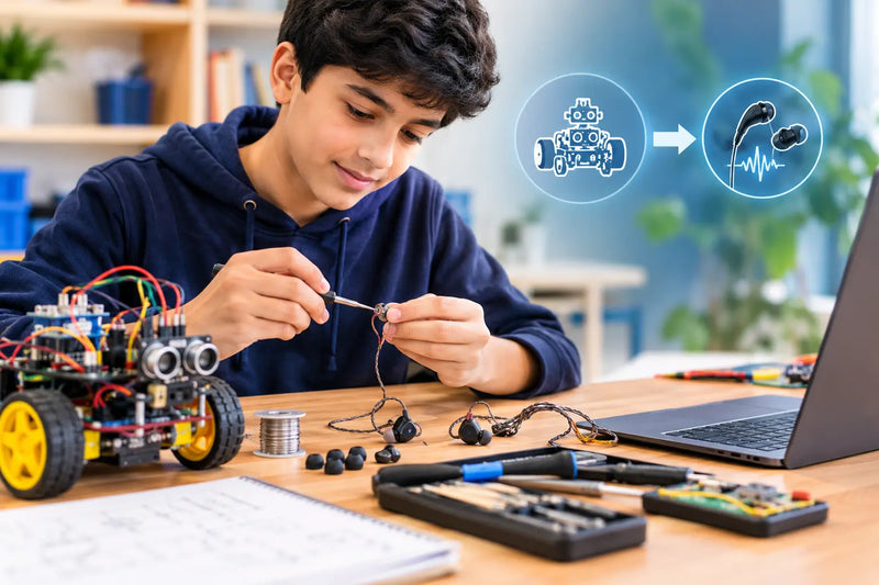 Students exploring IEM earphone design using robotics, electronics, circuit components, and hands-on STEM learning