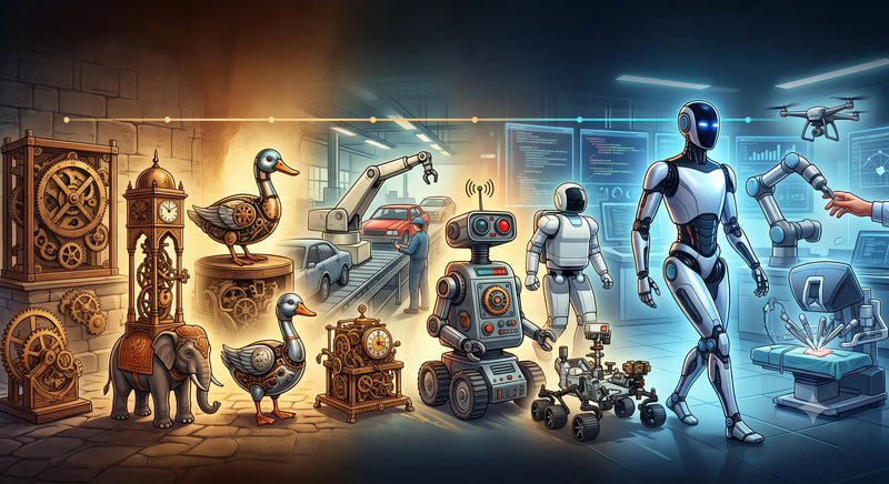 History of robotics showing the evolution from ancient automated machines to modern industrial and AI-powered robots