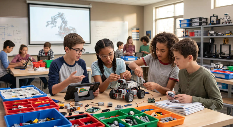 Students learning robotics through coding, electronics, sensors, robot building, and hands-on STEM projects