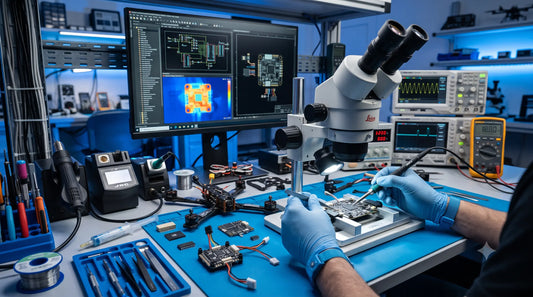 Robotics motherboard repair workstation with soldering tools and diagnostic equipment