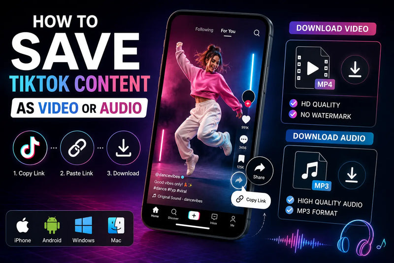 Save TikTok content as video or audio using a secure online download tool