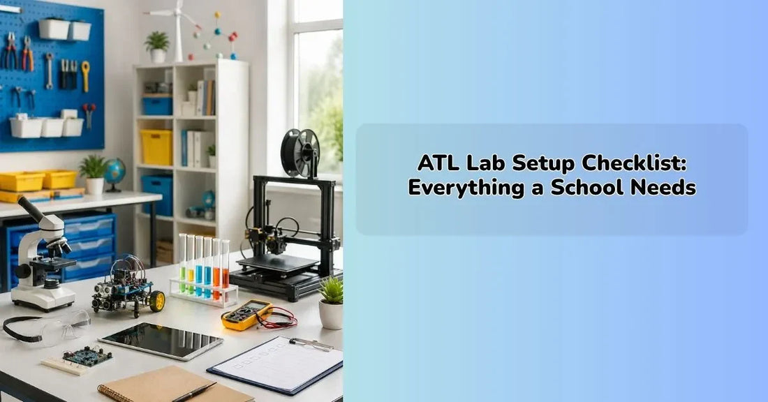 ATL Lab setup with robotics kits, electronics tools, and innovation workstations for students