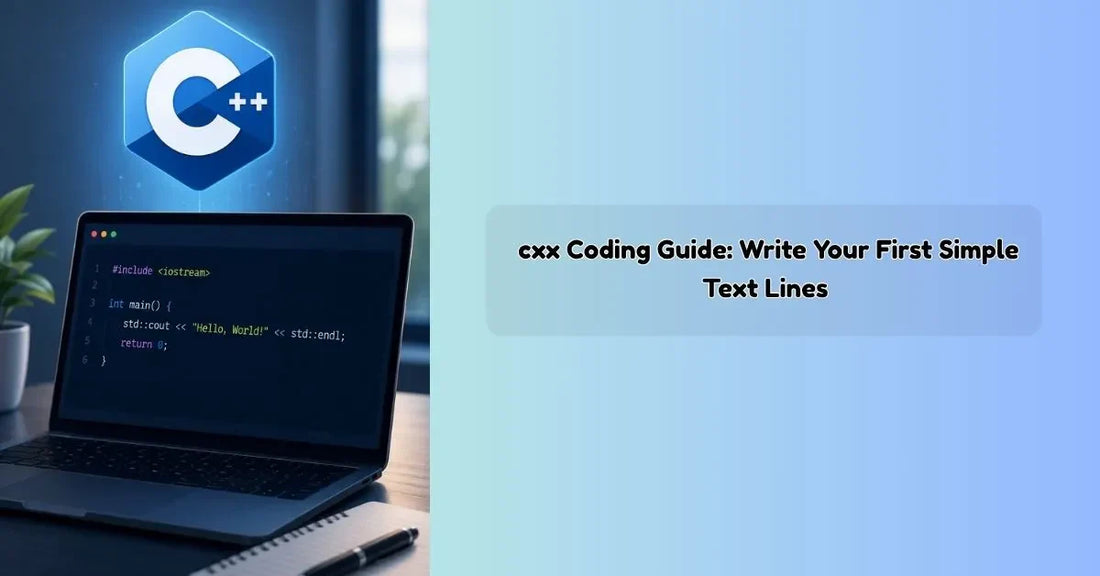 CXX programming tutorial showing a beginner writing simple text output lines in a C++ development environment