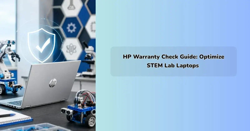 HP warranty check process on a STEM lab laptop for robotics engineering students