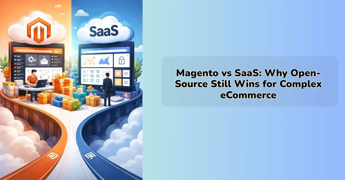 Magento vs SaaS comparison infographic showing open‑source benefits || IEM Robotics ||