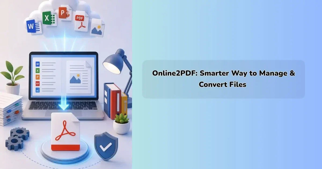 Illustration of browser-based document management showing PDF conversion, file compression, document merging, and cloud-based workflow across laptop, tablet, and mobile devices