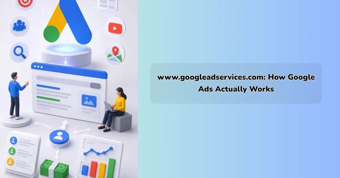 Illustration of the Google Ads ecosystem showing search ads, conversion tracking, keyword targeting, landing pages, and performance analytics connected through www.googleadservices.com