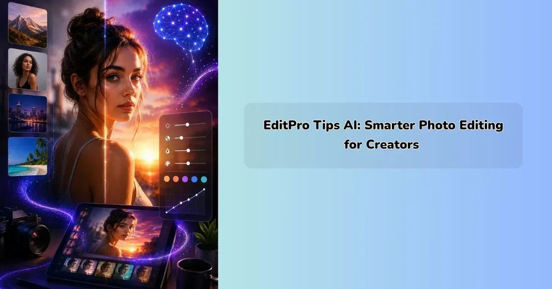EditPro Tips AI interface showing smart photo editing tools for creators