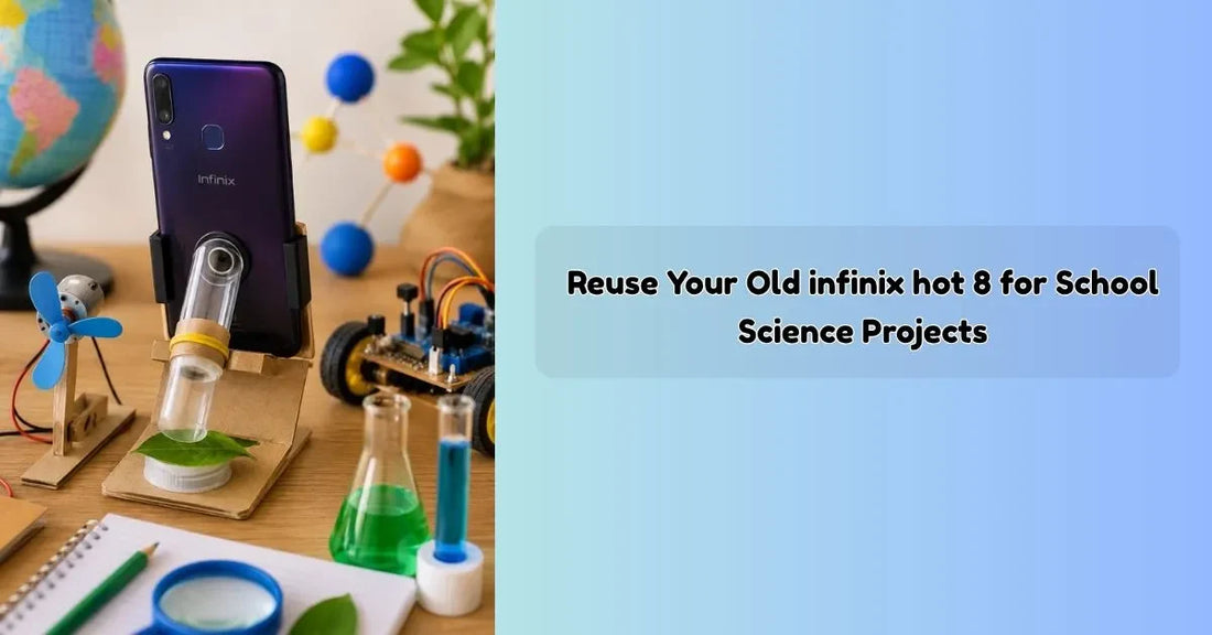 Student using an Infinix Hot 8 smartphone for a school science project demonstration