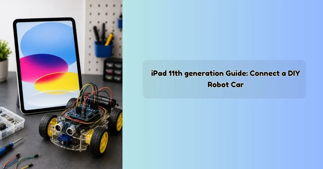 iPad 11th Generation connected to a DIY robot car for wireless control, coding, robotics learning, STEM education, and smart automation projects for students