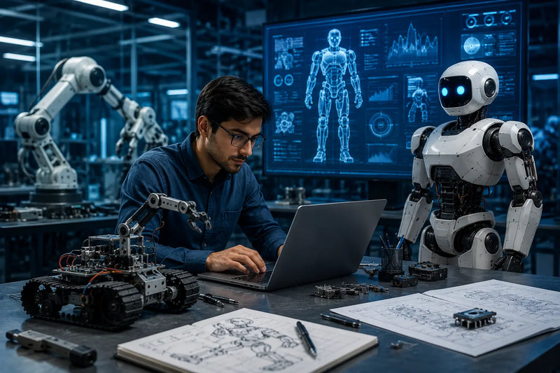 Robotics engineer designing an intelligent robot using AI and automation technology