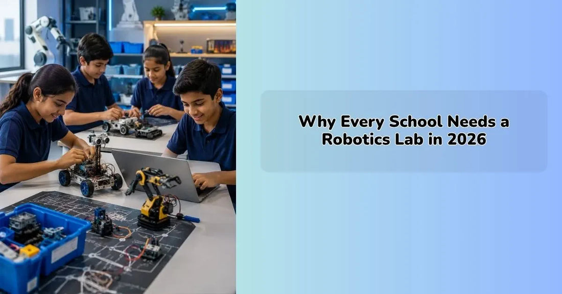 Students working on STEM robotics projects in a well-equipped robotics lab in school with advanced robotics lab setup and coding tools