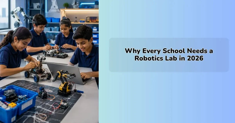 Students working on STEM robotics projects in a well-equipped robotics lab in school with advanced robotics lab setup and coding tools