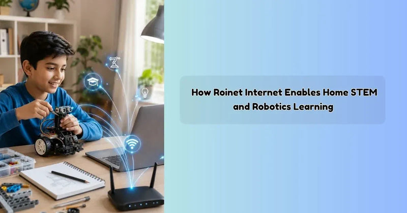 Student attending online robotics and STEM learning classes using Roinet internet connection at home
