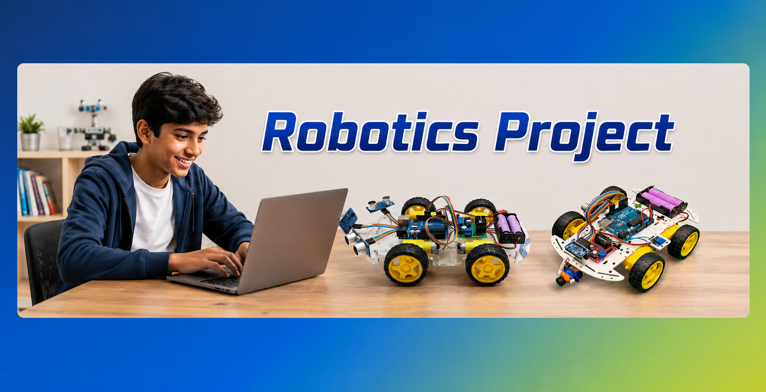 Robotics Project banner featuring a student with educational robot kits, Arduino-based robot cars, a humanoid robot, and a robotic arm for STEM, coding, and AI learning.