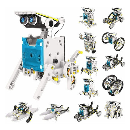 14 in 1 Multi-functional robot kit with two large round blue eyes, white body, yellow & grey components along with smaller images of wheeled robots, crawling robots, boat-like robot with paddles.