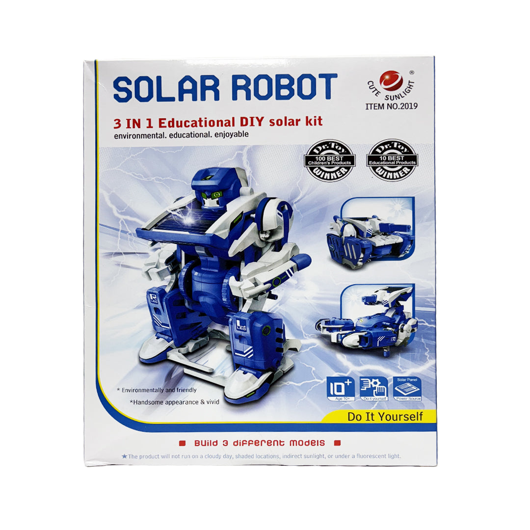 A DIY solar robot kit in blue and white packaging, perfect for hands-on learning and fun solar-powered projects.