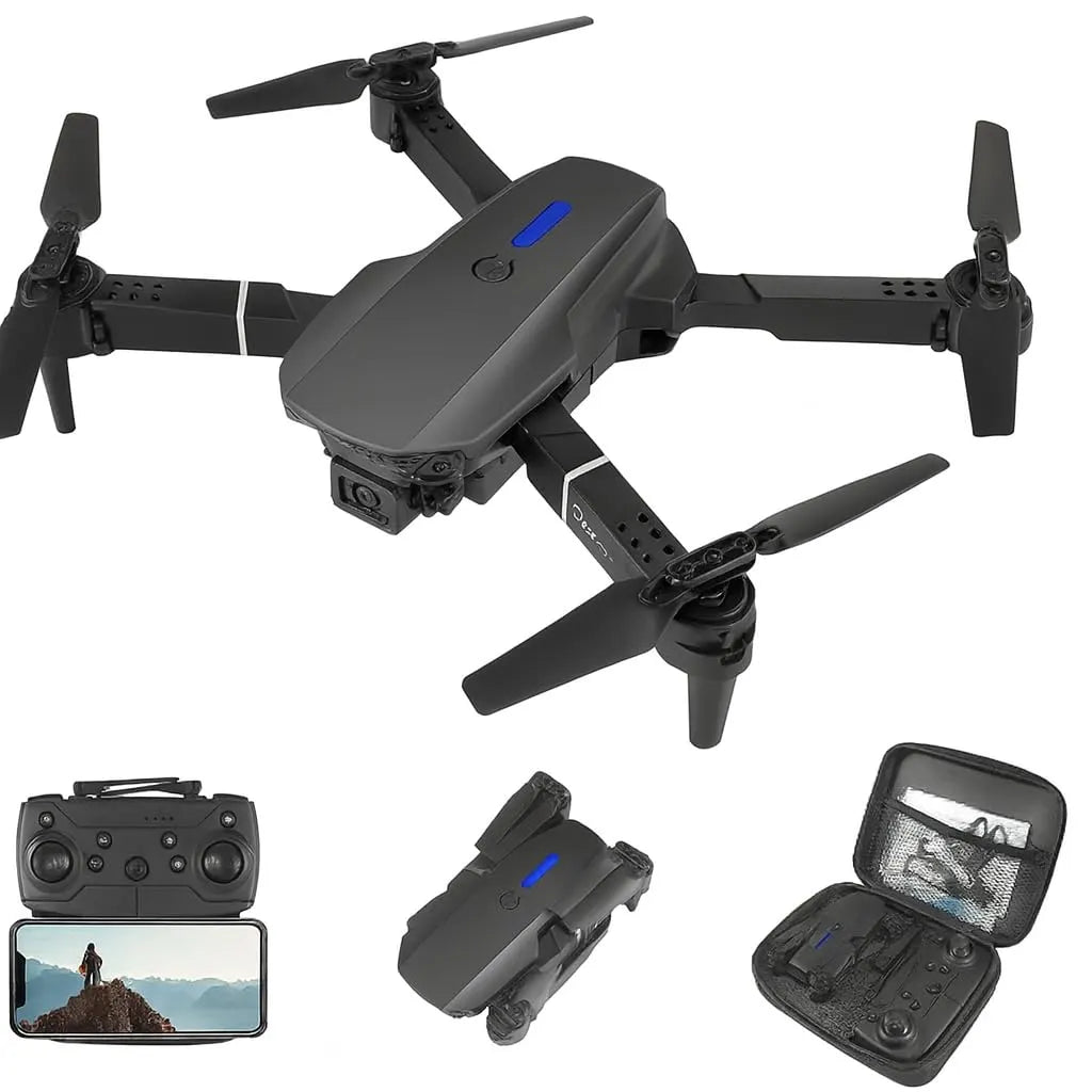 Black drone with remote control, battery pack, and carrying case on a white background