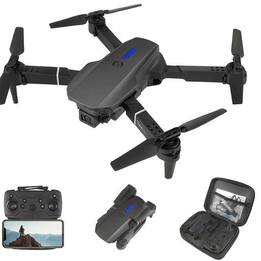 Black drone with remote control, battery pack, and carrying case on a white background