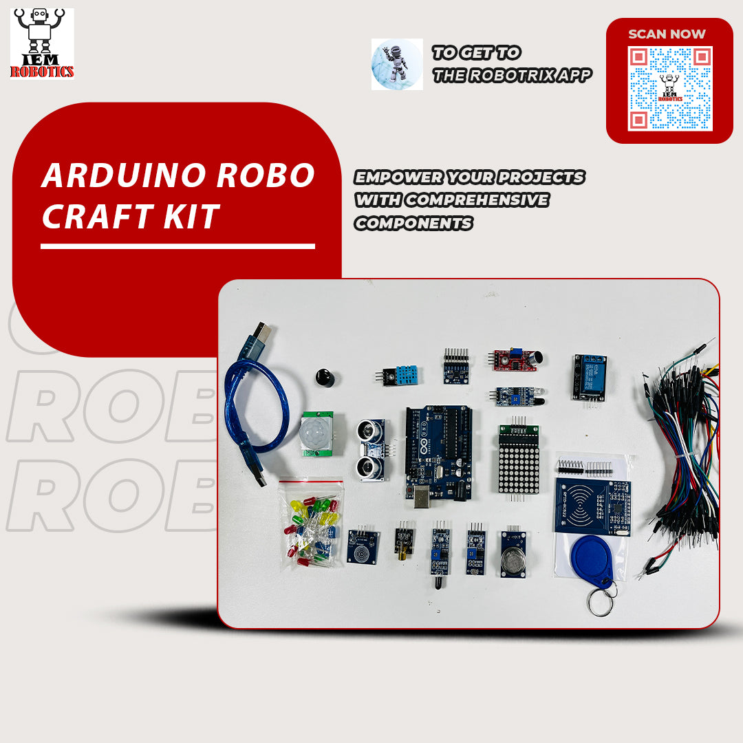 Arduino Robo Craft Kit with various electronic components including sensors, cables, and boards, perfect for IoT projects. Text promoting the kit and a QR code are also visible.