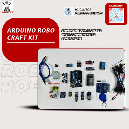 Arduino Robo Craft Kit with various electronic components including sensors, cables, and boards, perfect for IoT projects. Text promoting the kit and a QR code are also visible.
