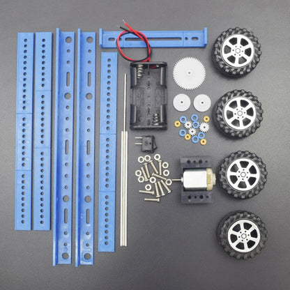 Collection of robot building components including wheels, gears, and motors on a gray background